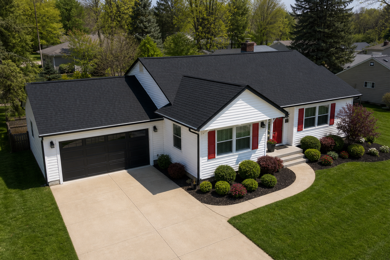Drone view of a completed siding and gutter exterior renovation